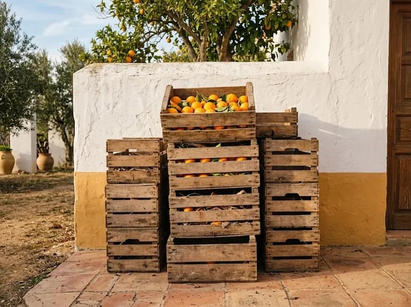 Caixas de fruta antigas de madeira empilhadas contra um muro caiado