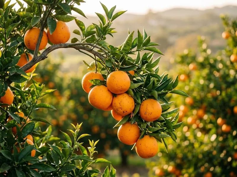 Laranjeiras carregadas de fruta num pomar algarvio