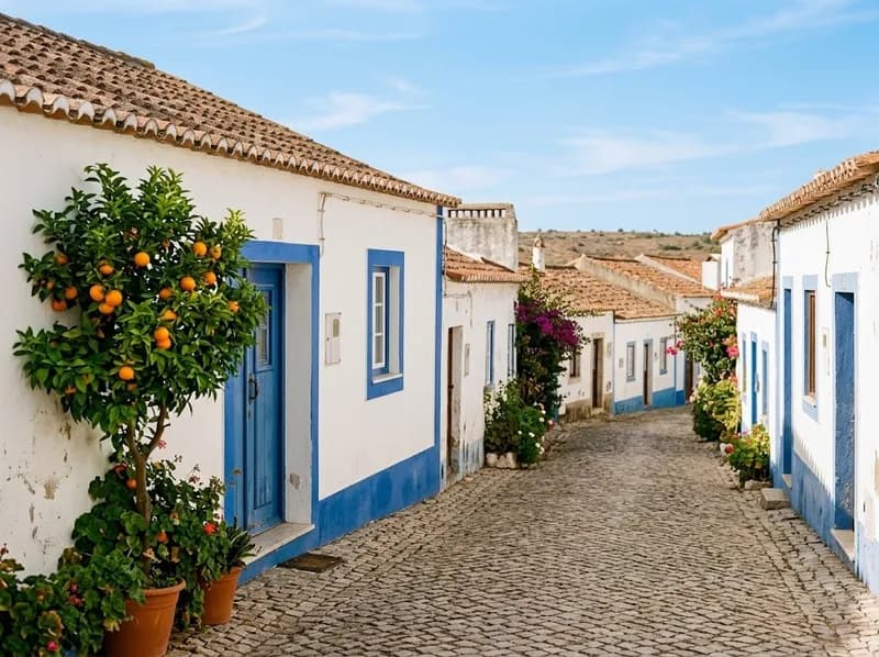 Uma rua de aldeia algarvia ao sol com uma laranjeira junto a uma casa branca