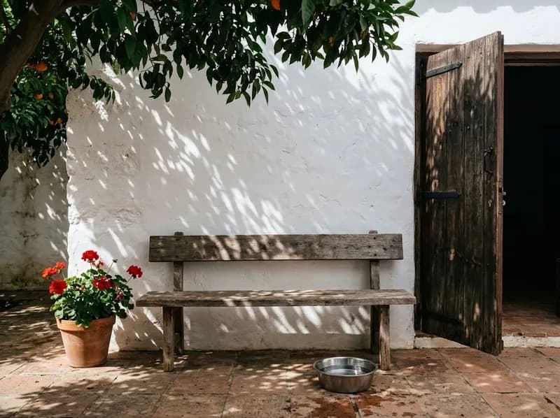 Um banco de madeira e uma tigela de água junto a uma porta à sombra